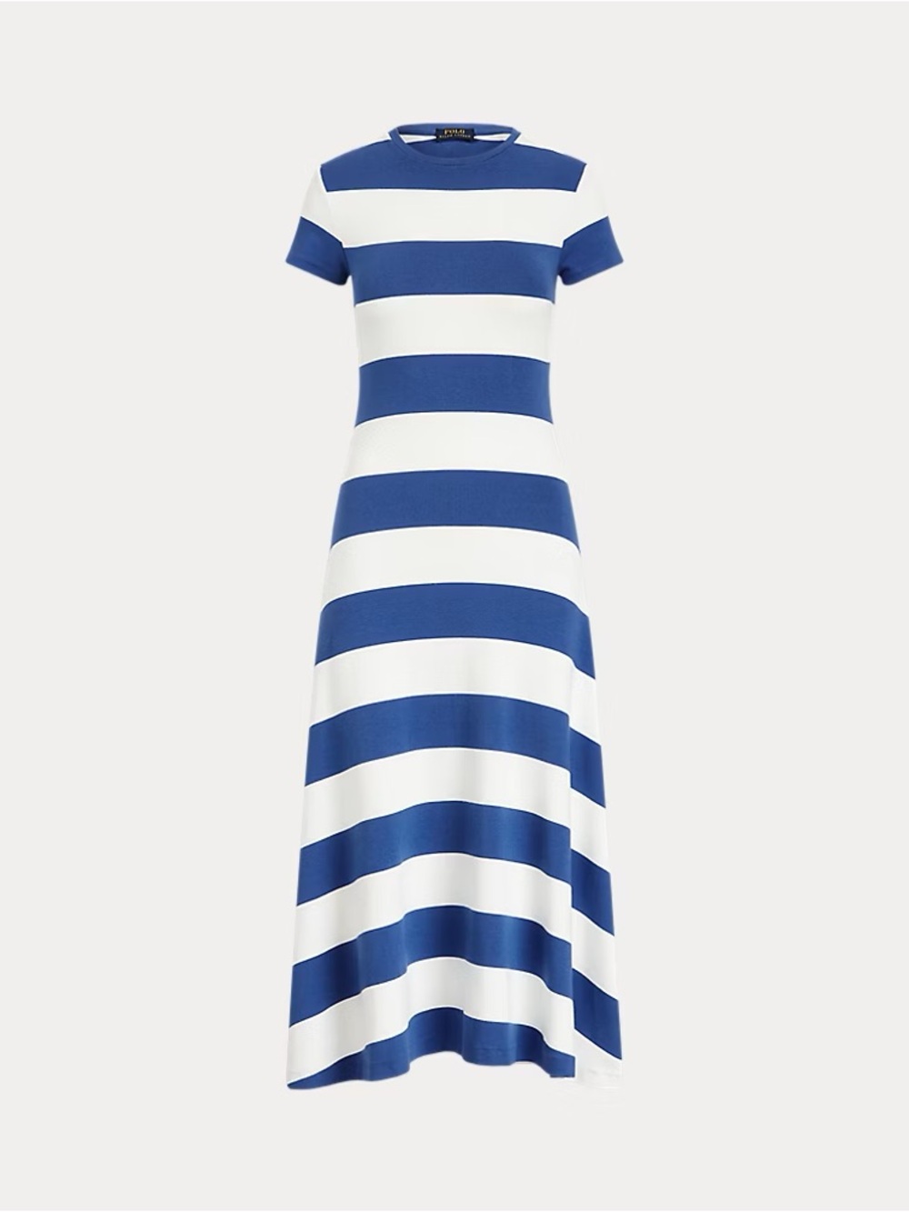 Blue and White Striped Short-Sleeve Maxi Dress